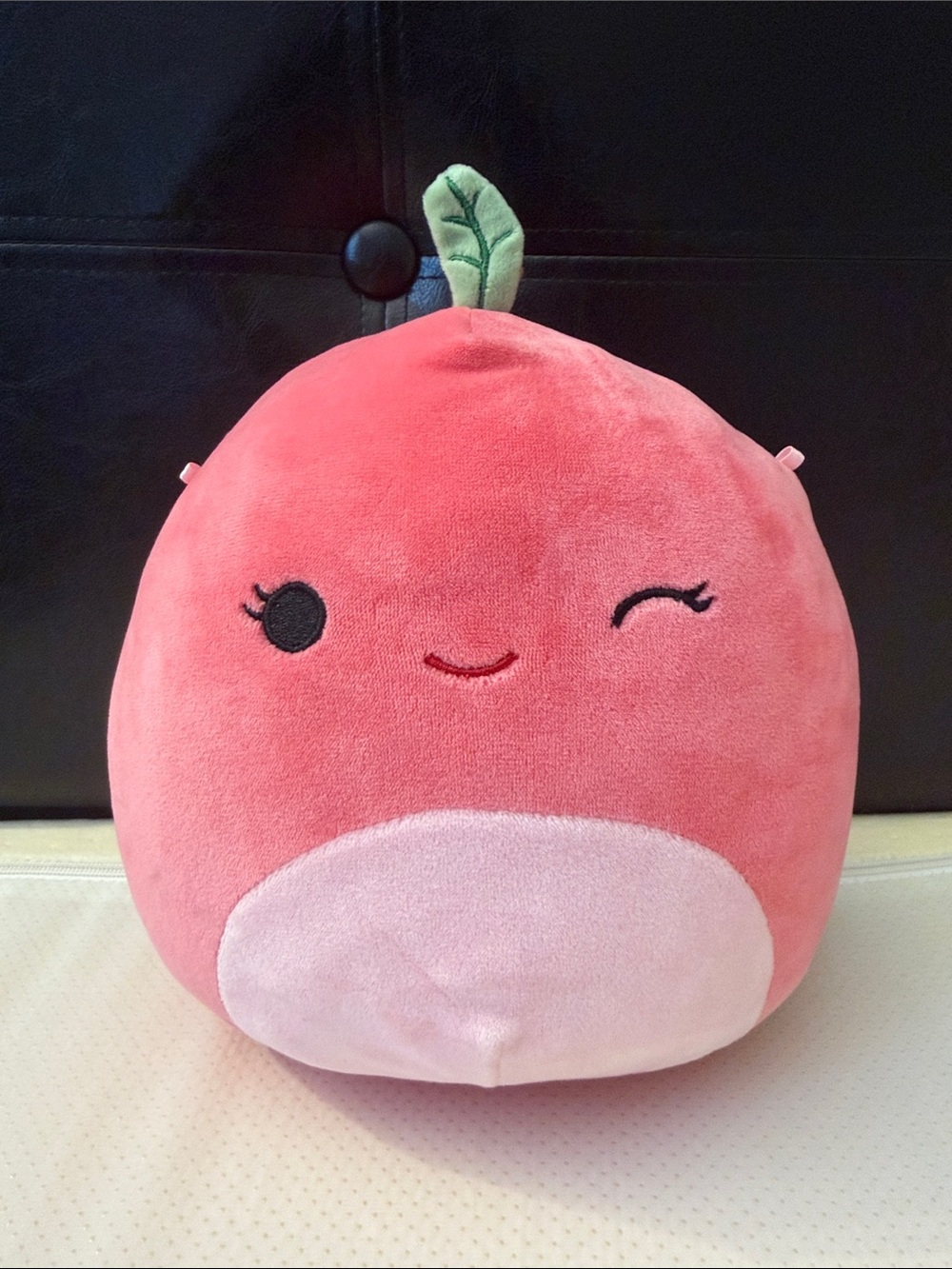 Squishmallows Cherry the Cherry Winking Pink Peach Plush with Green Leaf Accent